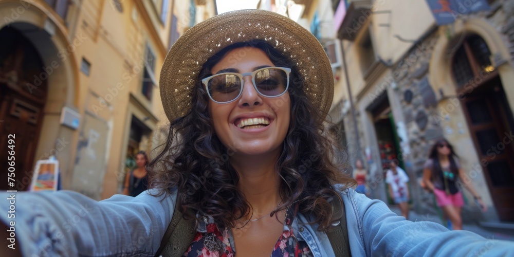 Fototapeta premium Latin tourist fun taking a selfie in streets of Toscana 