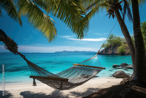 An empty hammock between palm trees against the backdrop of the sea and the beach. Holiday and vacation concept. Generated by artificial intelligence