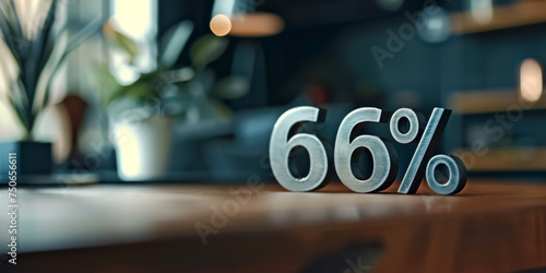 66 percent off. discount number "66%" mede of metalic, on a table, blurred background