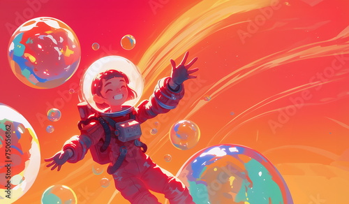 A girl in a red space suit is flying among soap bubbles. The concept of a fun space trip with copy space photo