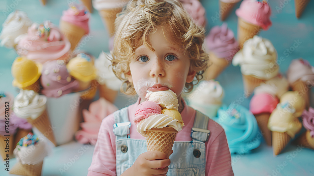 An American little boy with blue eyes eating a big ice cream. dreamy colorful ice cream world, blur effect in the background