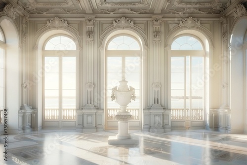 an 18th-century-inspired room with symmetrical arrangements, large sea-view windows, and light gray color tones. 