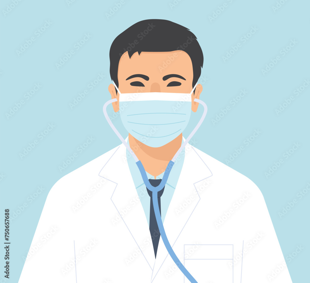 portrait of male doctor in a white coat and face mask with a stethoscope- vector illustration portrait of male doctor in a white coat and face mask with a stethoscope- vector illustration