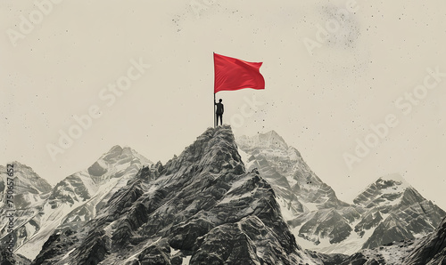 Man with flag on top of the mountain against the sky. Concept business ideas, success and achievement, winner leader. photo