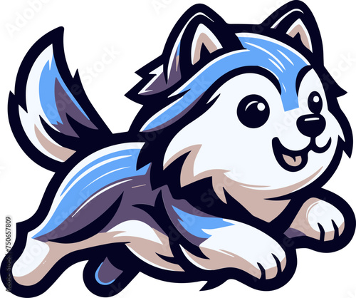 This illustration portrays a cartoon husky puppy with a beaming smile, captured mid-sprint against a subtle background.