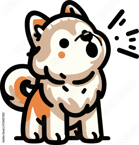 A playful cartoon illustration of a Shiba Inu dog barking, with dynamic lines to suggest the sound, on a clean background.
