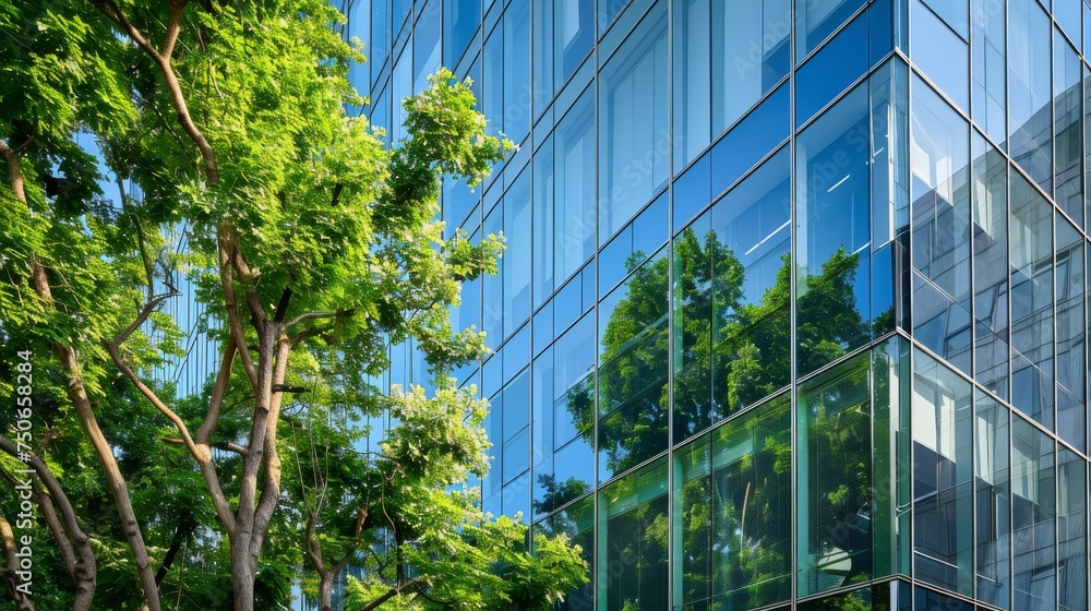 Reflecting greenery, a corporate glass building symbolizes ESG principles, advocating sustainability integration into business practices. - obrazy, fototapety, plakaty 