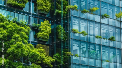 Reflecting greenery, a corporate glass building symbolizes ESG principles, advocating sustainability integration into business practices.