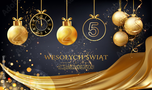 kartka lub opaska na głowę z życzeniami Wesołych Świąt i Szczęśliwego Nowego Roku 2025 w kolorze złotym i czarnym składający się z bombek choinkowych i zegara pod złotą zasłoną kółek z efektem bokeh n
