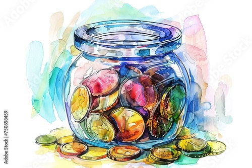 watercolor jar filled coins, savings concept clip art preview