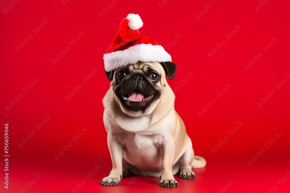 Baby dog in Christmas gear on a red background.