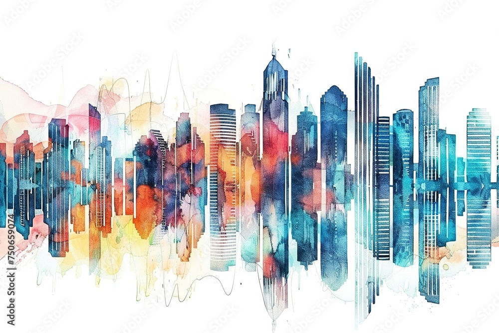 Urban Skyline Splashed with Abstract Grunge: Cityscape Illustration in Vibrant Sunset Light - obrazy, fototapety, plakaty 