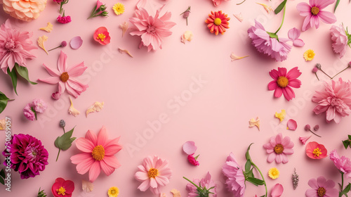 Vibrant Assortment of Flowers Arranged in a Flat Lay on Pink Background.