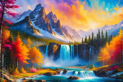 Colorful Landscape, Mountains and Waterfall (PNG 8208x5472)