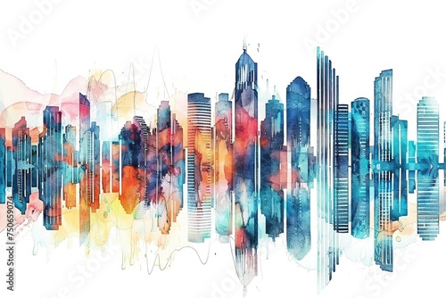 Urban Skyline Splashed with Abstract Grunge: Cityscape Illustration in Vibrant Sunset Light