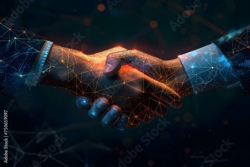 Abstract low poly agreement handshake. isolated on blue dark background. business partner connection concept. vector illustration futuristic modern design © creative