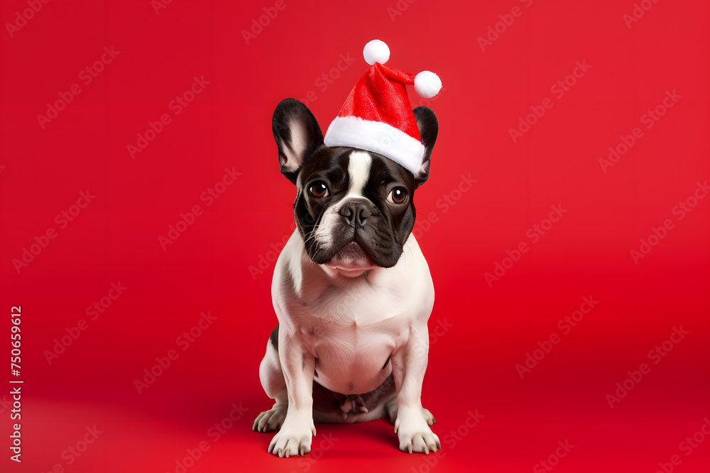 Cute puppy in Christmas hats isolated on a vibrant backdrop.