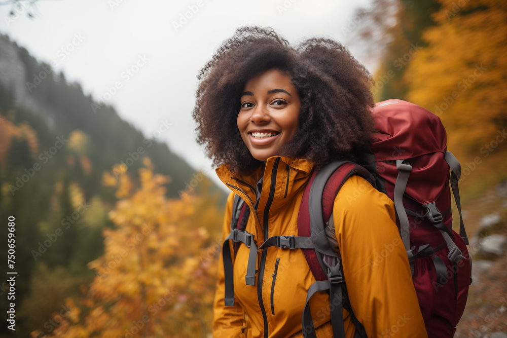 A portrait of a beautiful young African American woman relishing a mountain hike, displaying wanderlust and the thrill of mountaineering. A portrait of a beautiful young African American woman relishing a mountain hike, displaying wanderlust and the thrill of mountaineering.