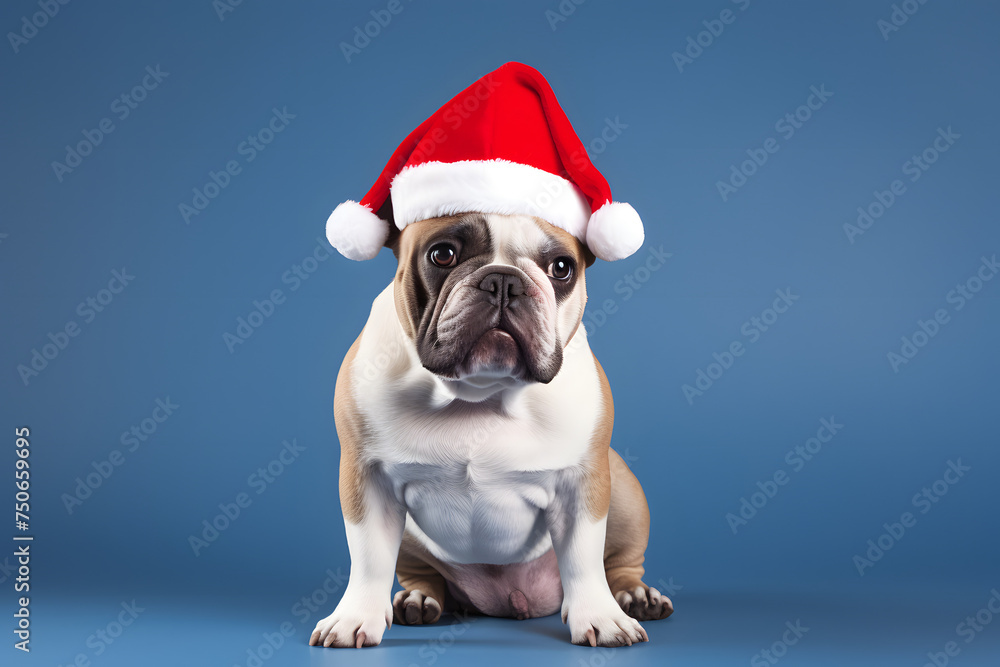 Cute puppy in Christmas hats isolated on a vibrant backdrop.