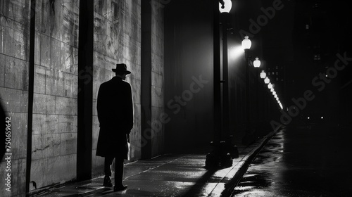 Monochrome image of a lone man in a fedora and trench coat on a wet, reflective street, illuminated by streetlights in a classic noir setting.
