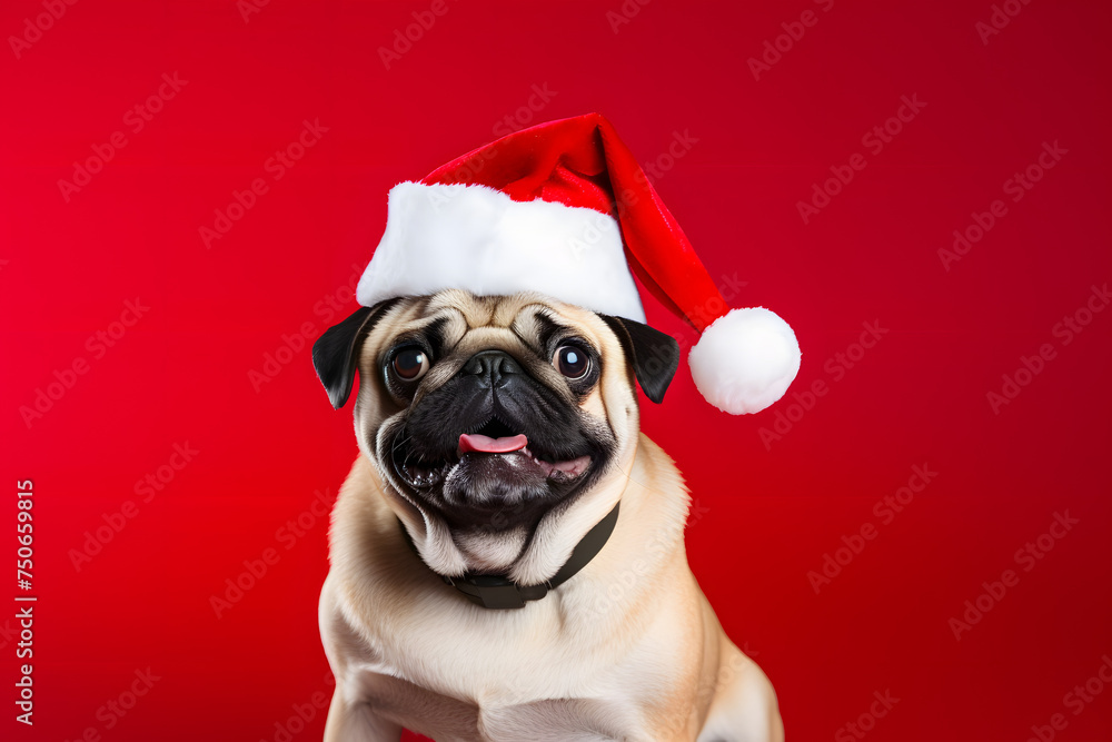 Christmas-ready puppy against a festive background. Christmas-ready puppy against a festive background.