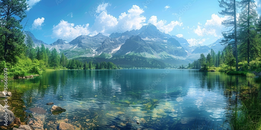 An idyllic lake surrounded by majestic mountains, offering a tranquil and stunning natural landscape.