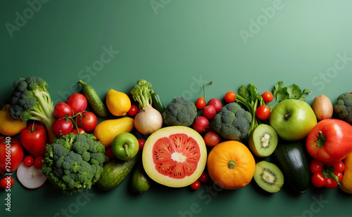 World Health Day concept fresh vegetables and fruits decoration below side of the canvas on green background photo