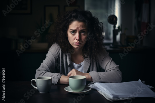 Upset stressed woman crying on kitchen at night after getting bad news and reading documents. Concept of financial difficulties, bankruptcy, taxes and rent payment. photo