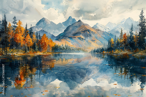Watercolor illustration of mysterious and serene landscape with mist-covered lake, towering mountains, and eerie twilight ambiance. photo