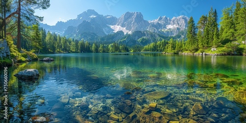 A picturesque alpine scene with lush forests, stunning mountains, and the reflective beauty of Lake.