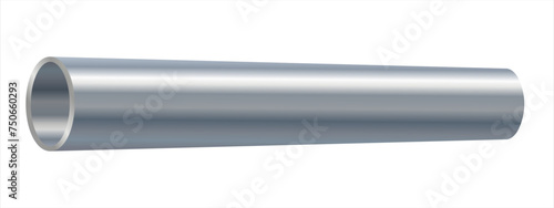 Cylinder metal straight pipe in realistic style. Stainless steel pipe for sewerage, water supply systems, industrial and construction. Vector illustration isolated on white background.