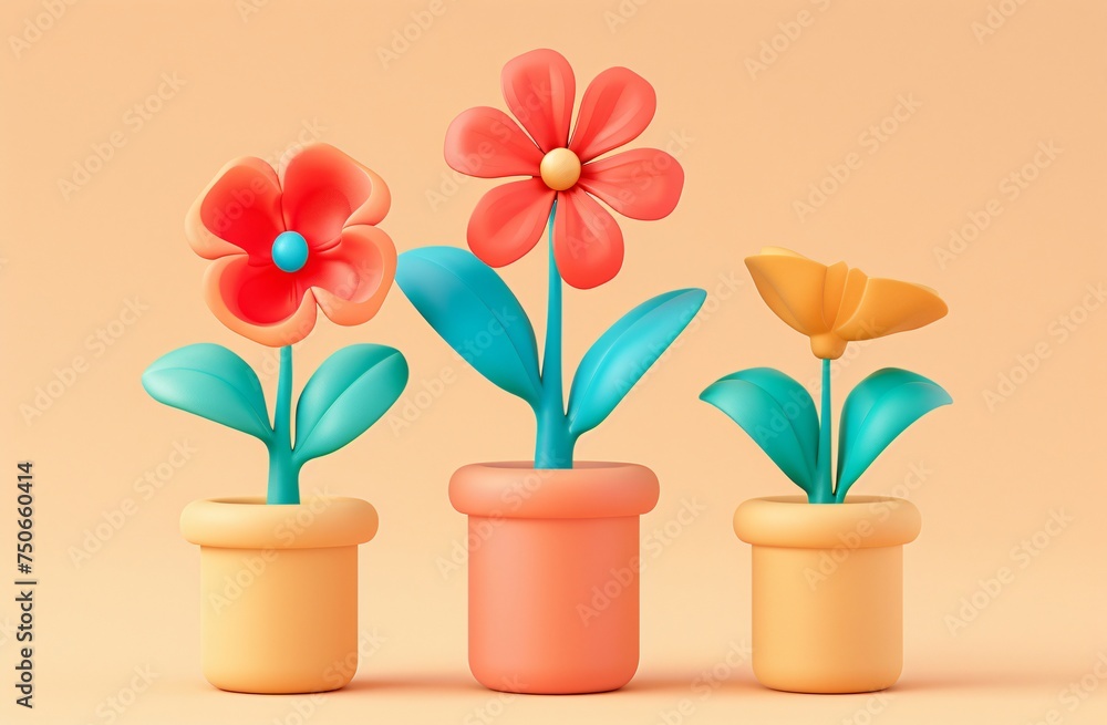 A few colorful 3D flower pots on a tan surface. A few colorful 3D flower pots on a tan surface.