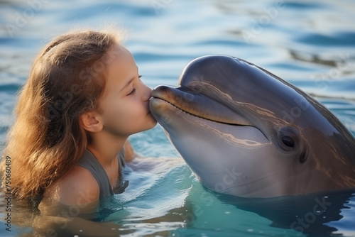 Young girl enjoying a swim with a dolphin and affectionately interacting with it during a family vacation in a tropical destination renowned for animal encounters.
