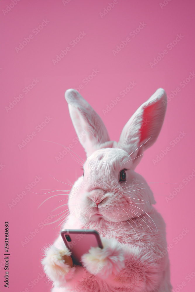 Fototapeta premium Easter bunny texting on smartphone on pastel background