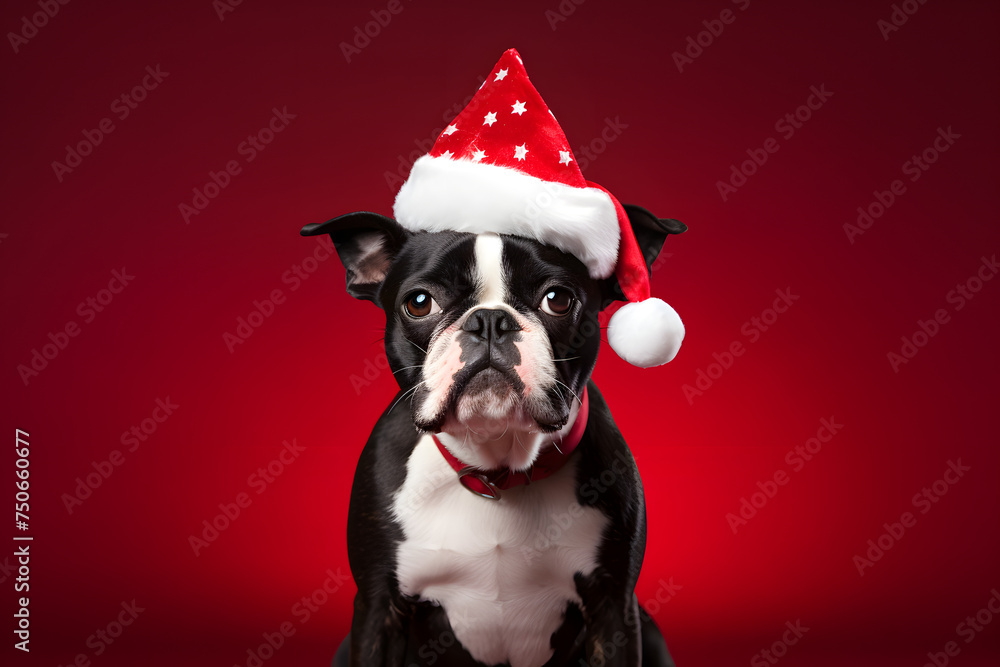 Dog in Christmas hat on festive red background.