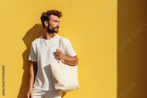 A stylish man with a beard  wearing a white t-shirt and shorts, holding a canvas tote bag mockup 