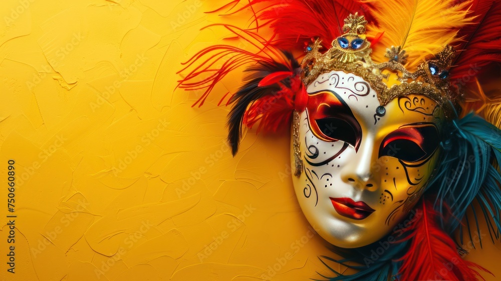 Colorful mardi gras mask and accessories festive yellow background with copy space