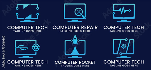 set computer technology and computer repair logo design inspiration template. desktop service logotype
