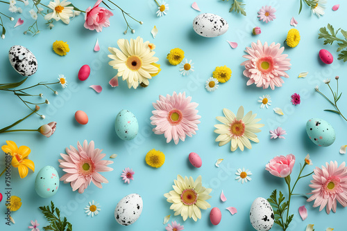  top view easter flatlay pattern with scattered spring flowers and easter eggs on a pastel blue background