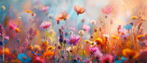 Wildflowers swaying in a gentle breeze, colorful meadow, spring joy