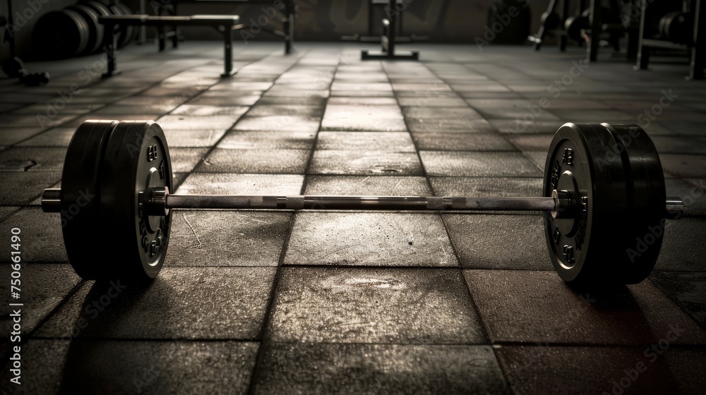A barbell for weightlifting rests on the gym floor, ready for a workout session A barbell for weightlifting rests on the gym floor, ready for a workout session