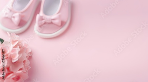 Pink baby shoes with flowers and copy space on pink background