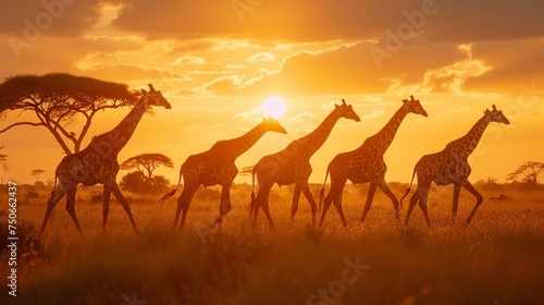 Silhouettes of giraffes walking in line, acacia trees backdrop, golden hour