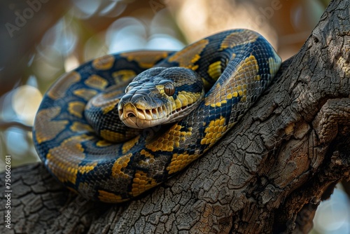 Python coiled in an acacia tree, ambush predator, tension in the air