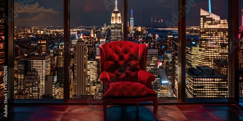 Elegant red chair overlooking a vibrant cityscape at night. contemporary interior meets urban panorama. stunning view for modern design inspiration. AI