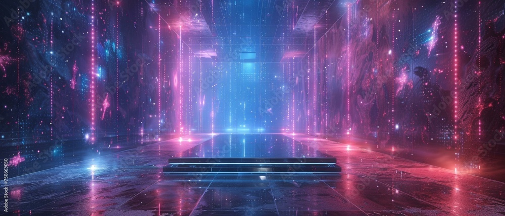 Podium in a virtual reality grid space, digital world concept