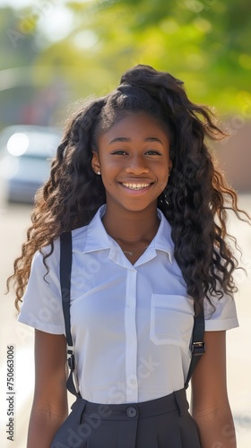 a beautiful happy african teenager girl wearing summer school uniform on her way to school