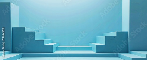 Contemporary blue monochromatic set with geometric blocks and steps, ideal for modern product staging.