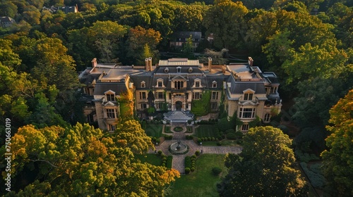 Take flight with the drone to capture a mesmerizing aerial view of Belmont Mansion nestled within a lush forest canopy in Philadelphia