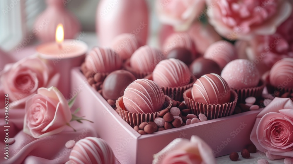 Romantic, beautiful, delicate background with flowers and chocolate for Valentine's Day, birthday, wedding. Spring background with flowers. Romantic, beautiful, delicate background with flowers and chocolate for Valentine's Day, birthday, wedding. Spring background with flowers.